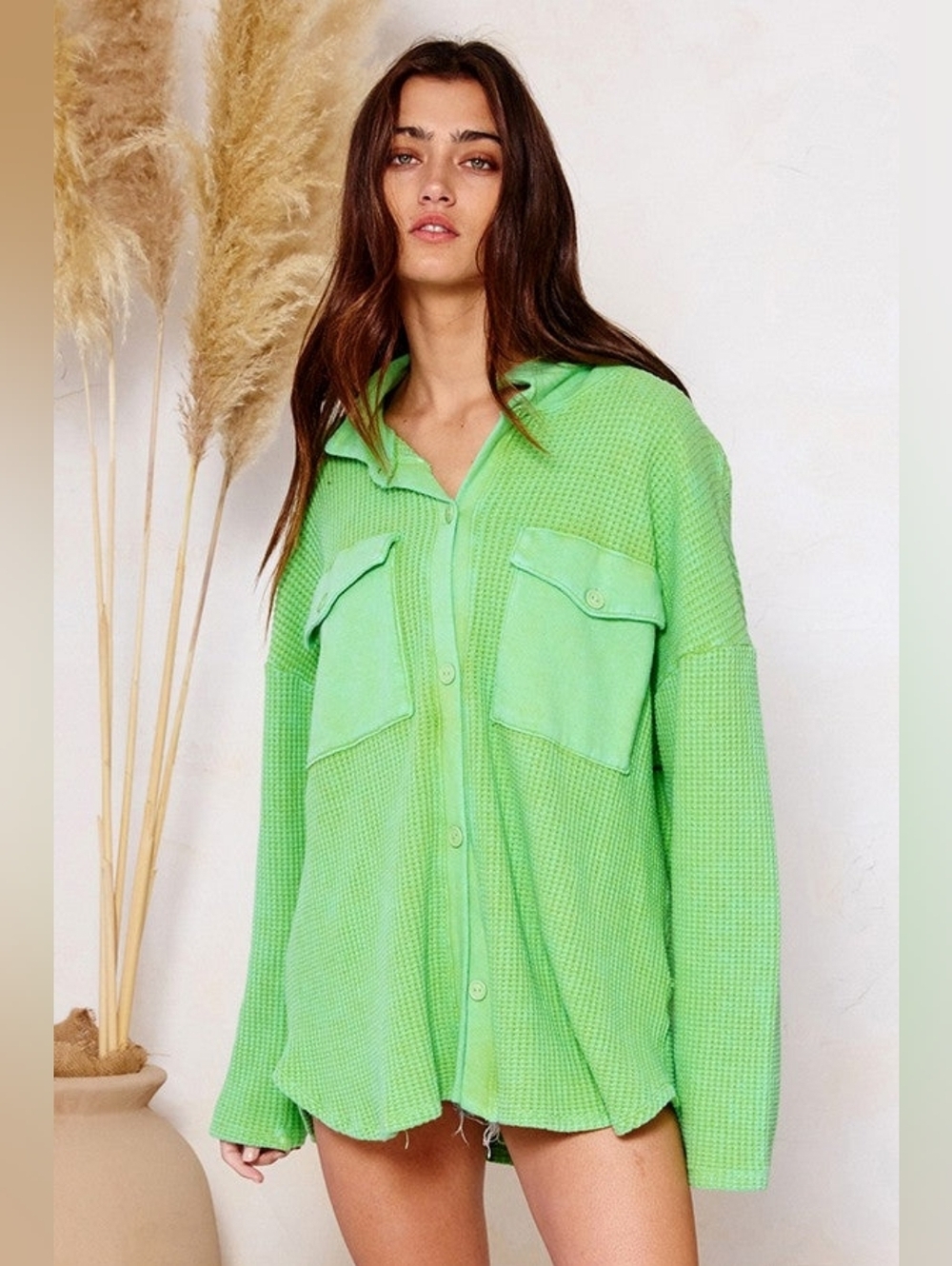 Bucket List Waffle Knit Shirt Size S Green Button Up Oversized Top